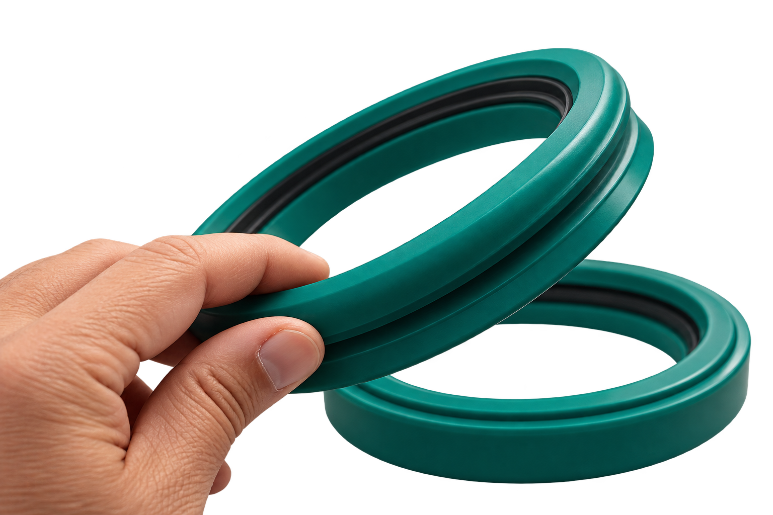 Hand holding a green custom hydraulic seal with a black sealing insert