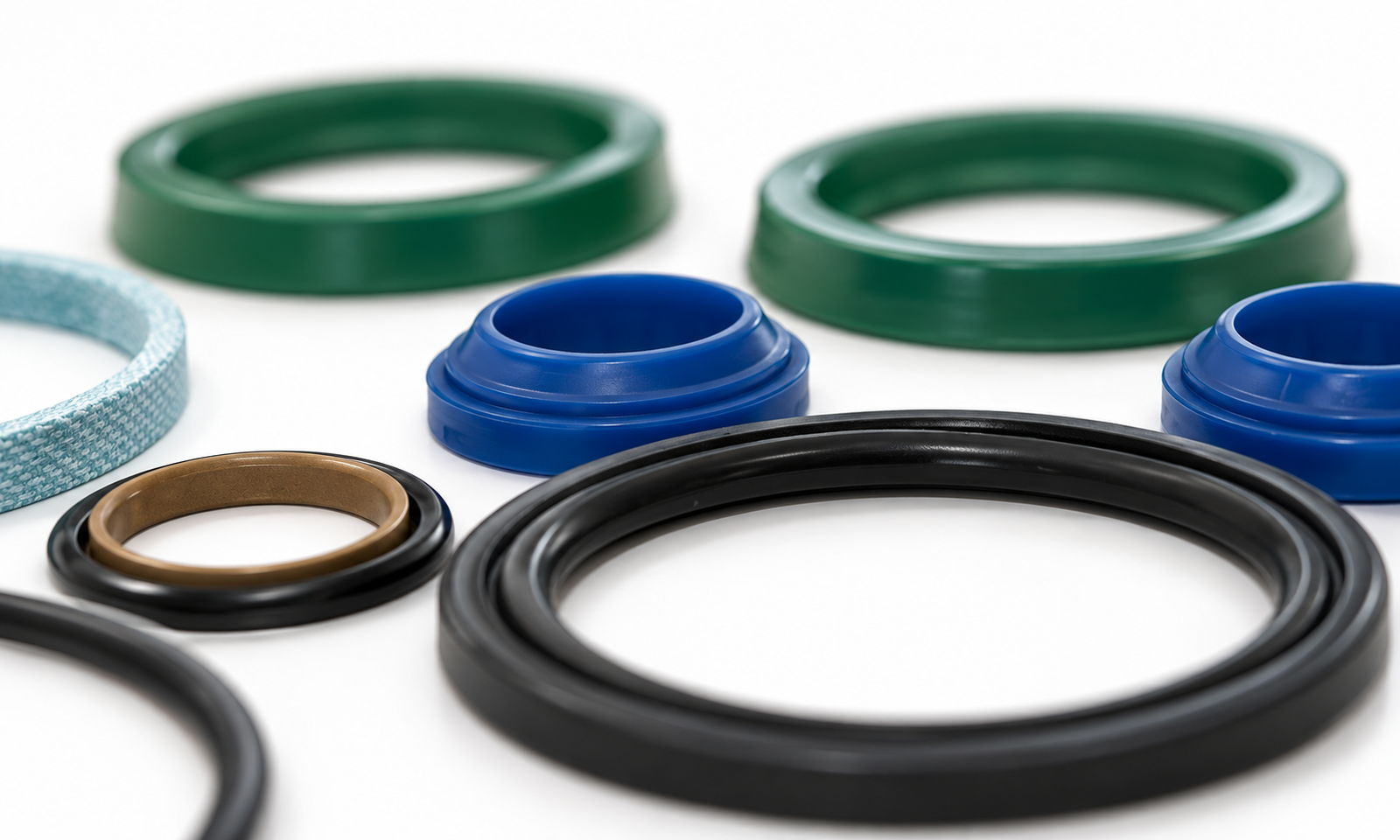 Hydraulic and pneumatic seals in green, blue, and black on a white surface